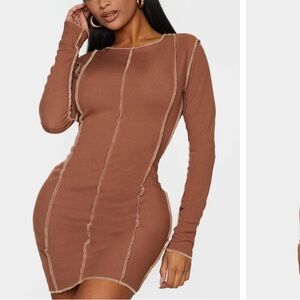NWT Pretty Little Thing Chocolate Brown Rib Overlock Seam Detail Bodycon Dress